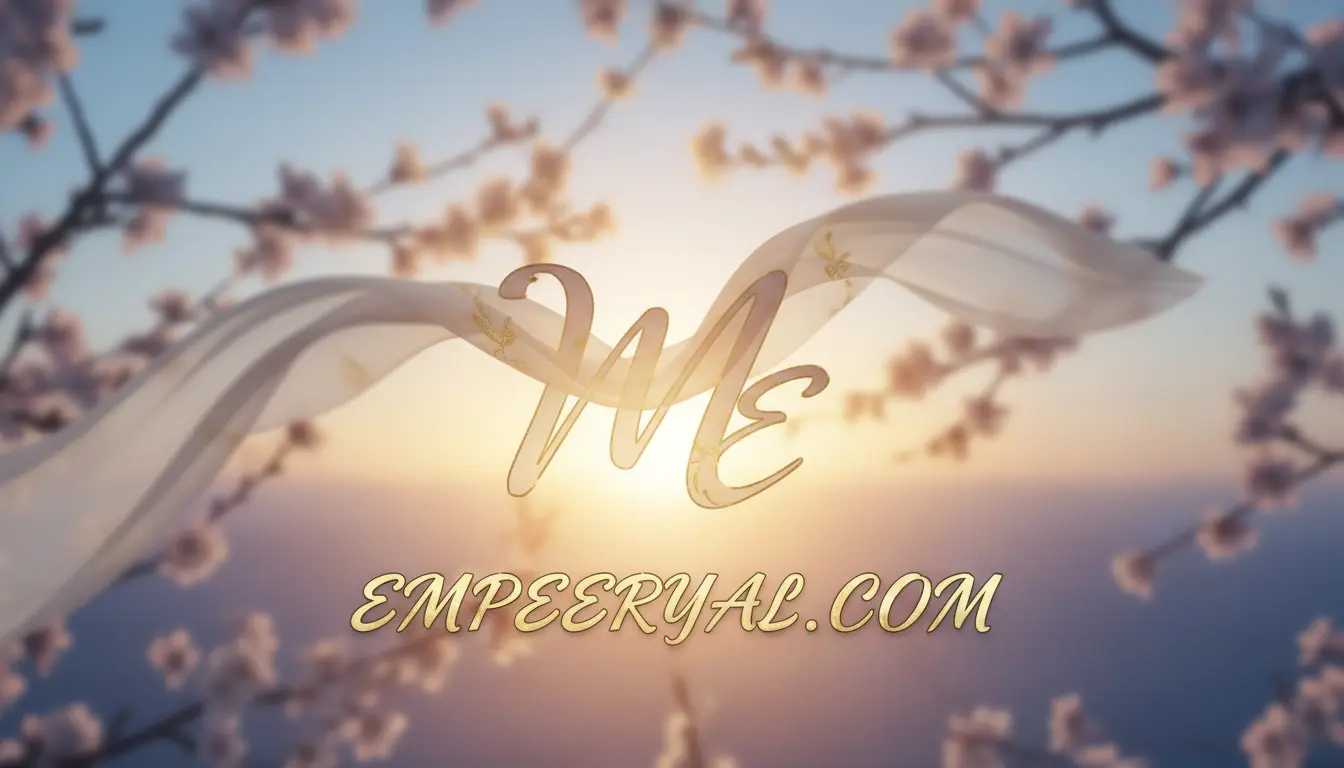 Golden script "ME" on flowing white fabric, set against blurred cherry blossoms and a sunset. Text: EMPEERYAL.COM.
