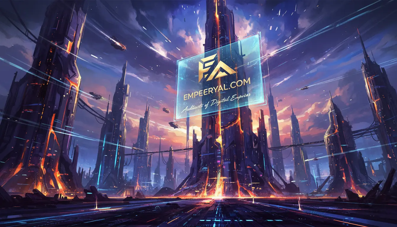 A vibrant, futuristic city with glowing spires and flying vehicles. A holographic ad for EMPEERYAL.COM with an FA logo floats above.