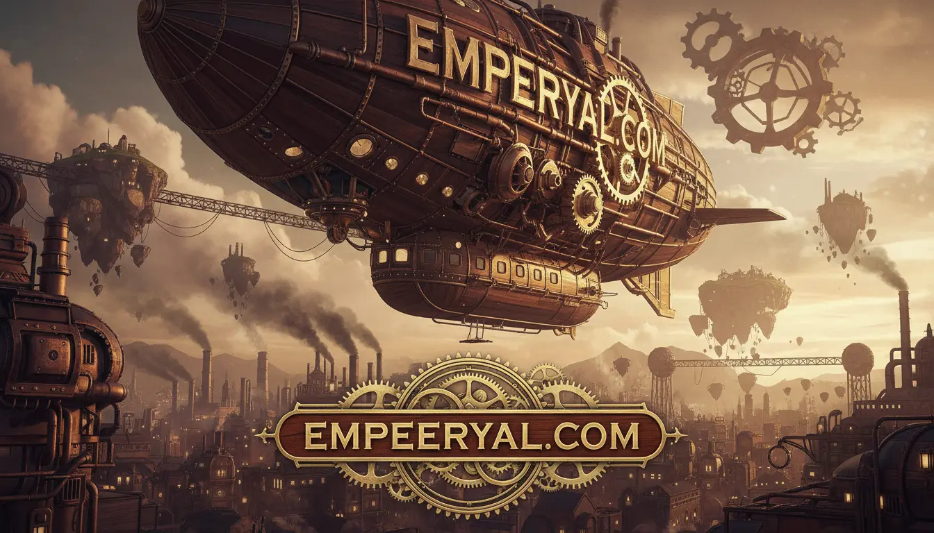 Steampunk city with 'EMPEERYAL.COM' on a large airship and banner, industrial buildings, floating islands, and gears.