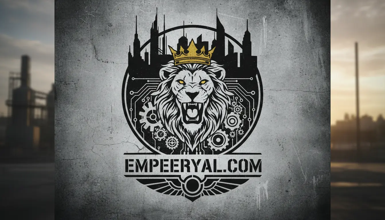 Gritty logo: Roaring lion with gold crown, yellow eyes, circuit board, gears, city skyline, EMPEERYAL.COM on a textured wall.