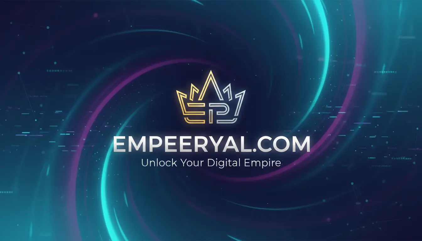 EMPEERYAL.COM logo (crown with EP1) on a tech-themed blue background with swirling lights. Tagline: Unlock Your Digital Empire.