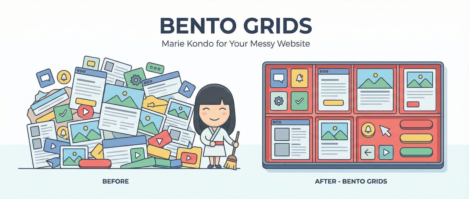 Cartoon showing a chaotic pile of website elements "before" & the same elements neatly arranged in an organized "Bento Grid" "after".