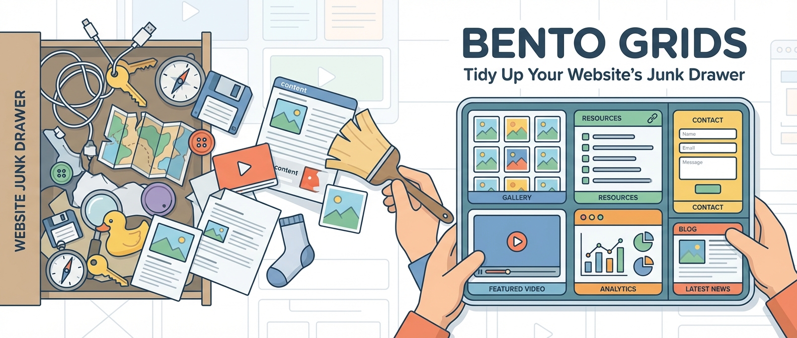 Illustration showing a messy "Website Junk Drawer" being tidied into an organized "Bento Grids" layout on a tablet.