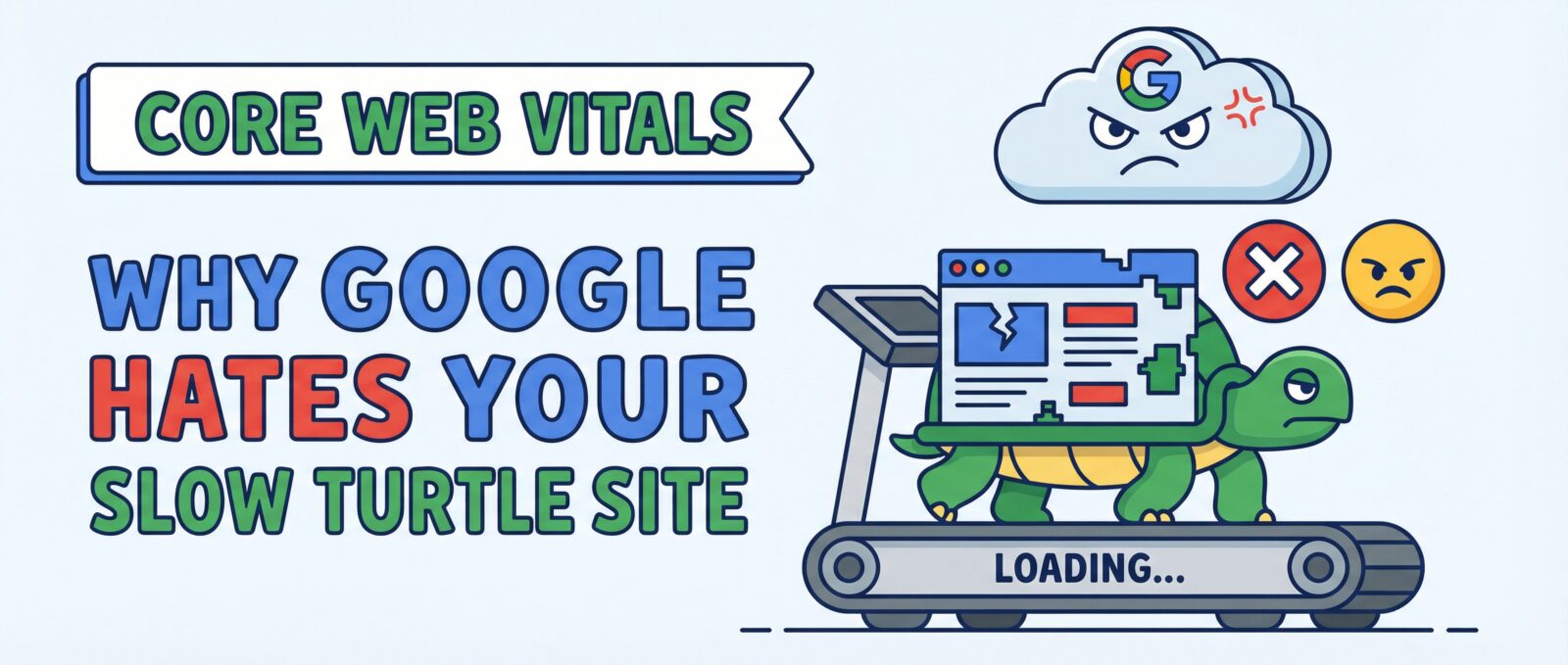 Text: 'Why Google Hates Your Slow Turtle Site.' An angry Google cloud frowns at a turtle struggling on a 'LOADING...' treadmill.