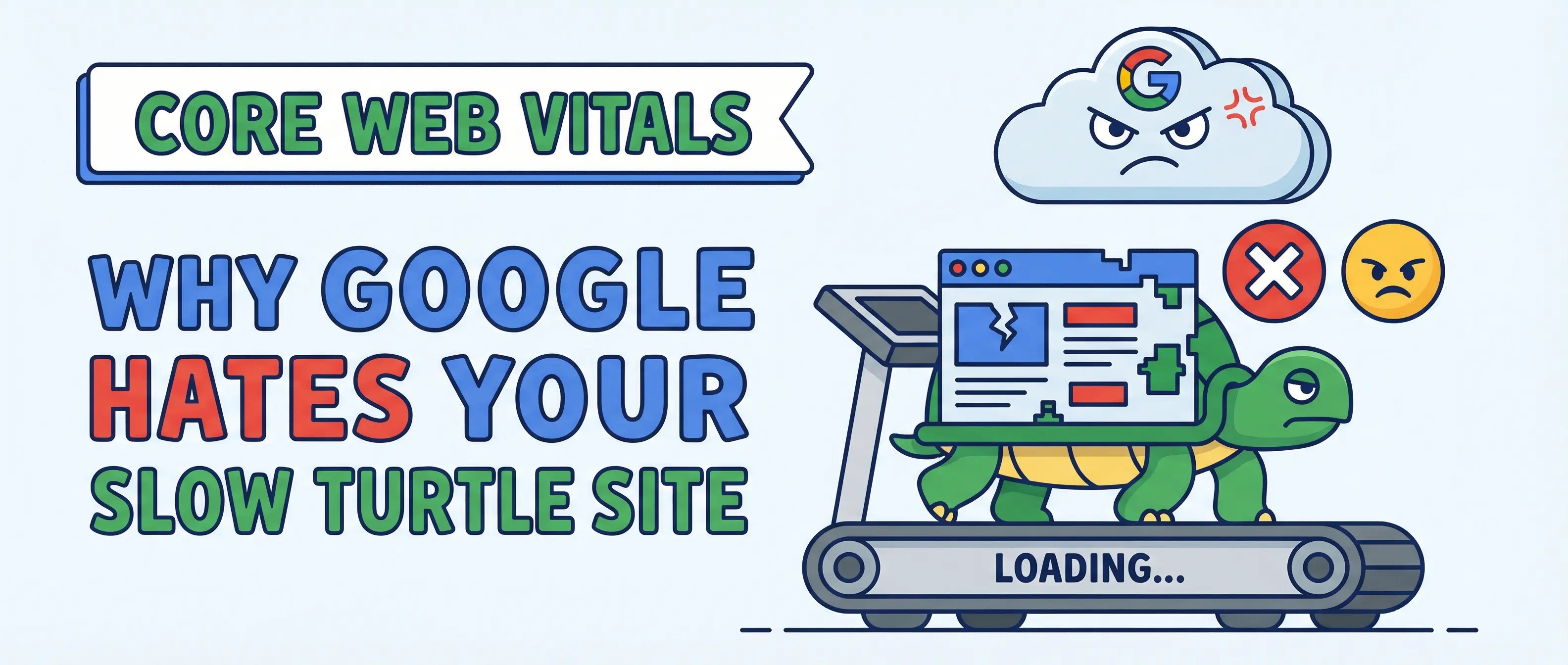 Text: 'Why Google Hates Your Slow Turtle Site.' An angry Google cloud frowns at a turtle struggling on a 'LOADING...' treadmill.