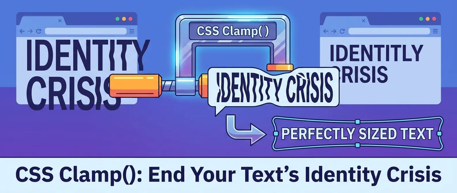 CSS Clamp() tool squeezes distorted "IDENTITY CRISIS" text into a perfectly sized version within a browser window.