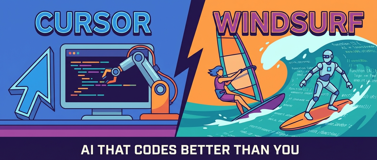 Cursor vs Windsurf AI coding. Left: Robot arm codes on monitor. Right: Robot surfs code wave. Bottom: AI THAT CODES BETTER THAN YOU.