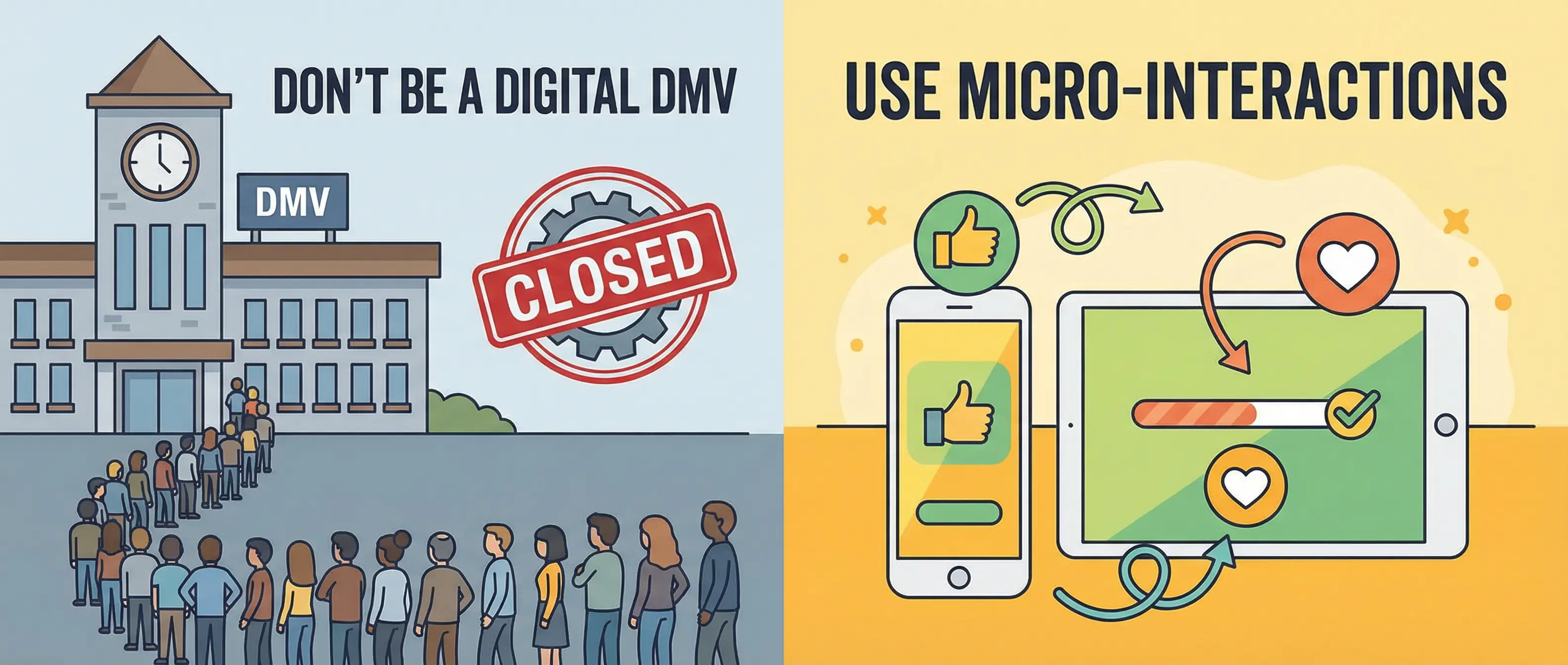 Cartoon contrasting a "CLOSED" DMV with a long queue (don't be a digital DMV) vs. smooth micro-interactions on a phone and tablet.