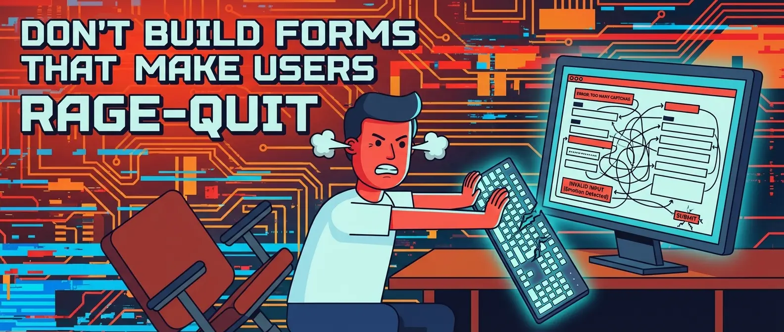 Angry user smashes keyboard at computer showing a complex, error-filled form. Text: DON'T BUILD FORMS THAT MAKE USERS RAGE-QUIT.
