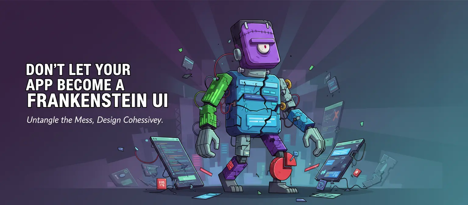 Cartoon Frankenstein robot of app UI parts, walking amidst broken screens. Text: "DON'T LET YOUR APP BECOME A FRANKENSTEIN UI".