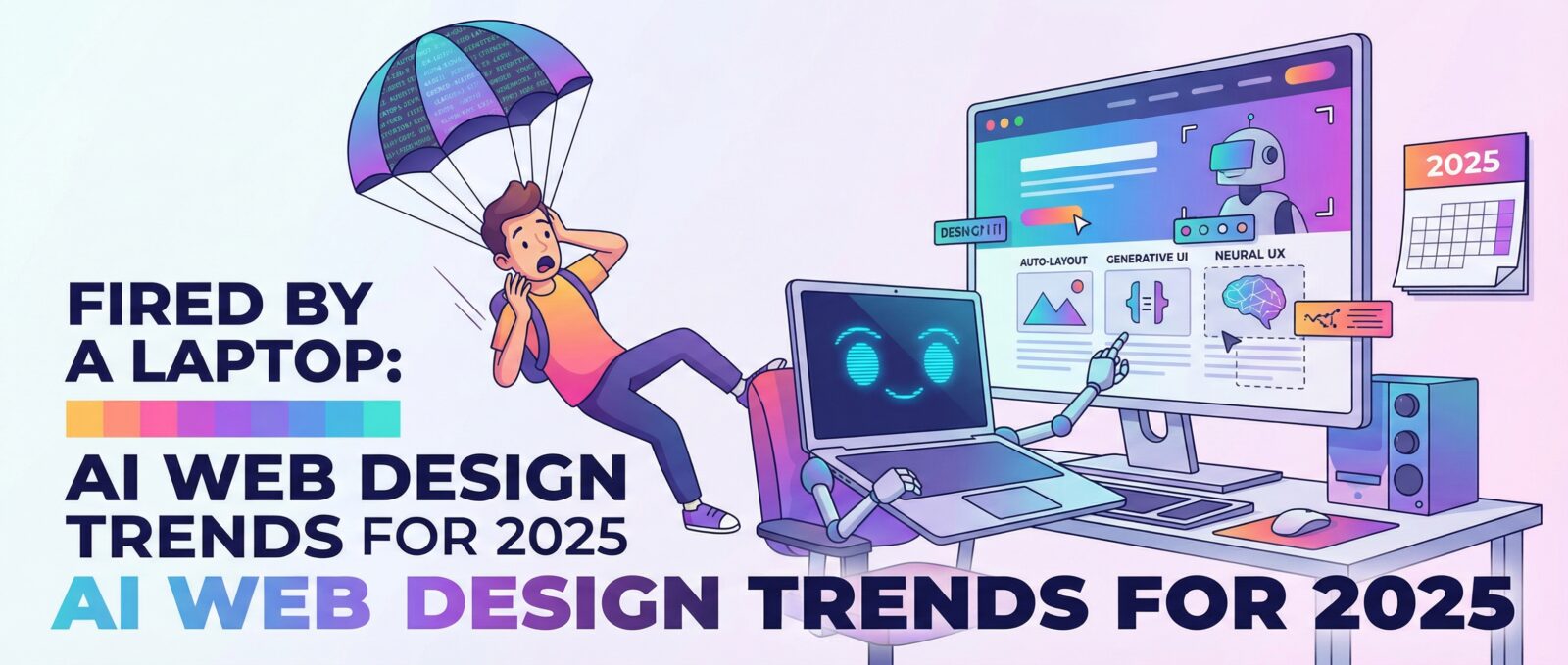 Cartoon: A human web designer is kicked from their chair by an AI laptop. A monitor shows AI web design tools for 2025.
