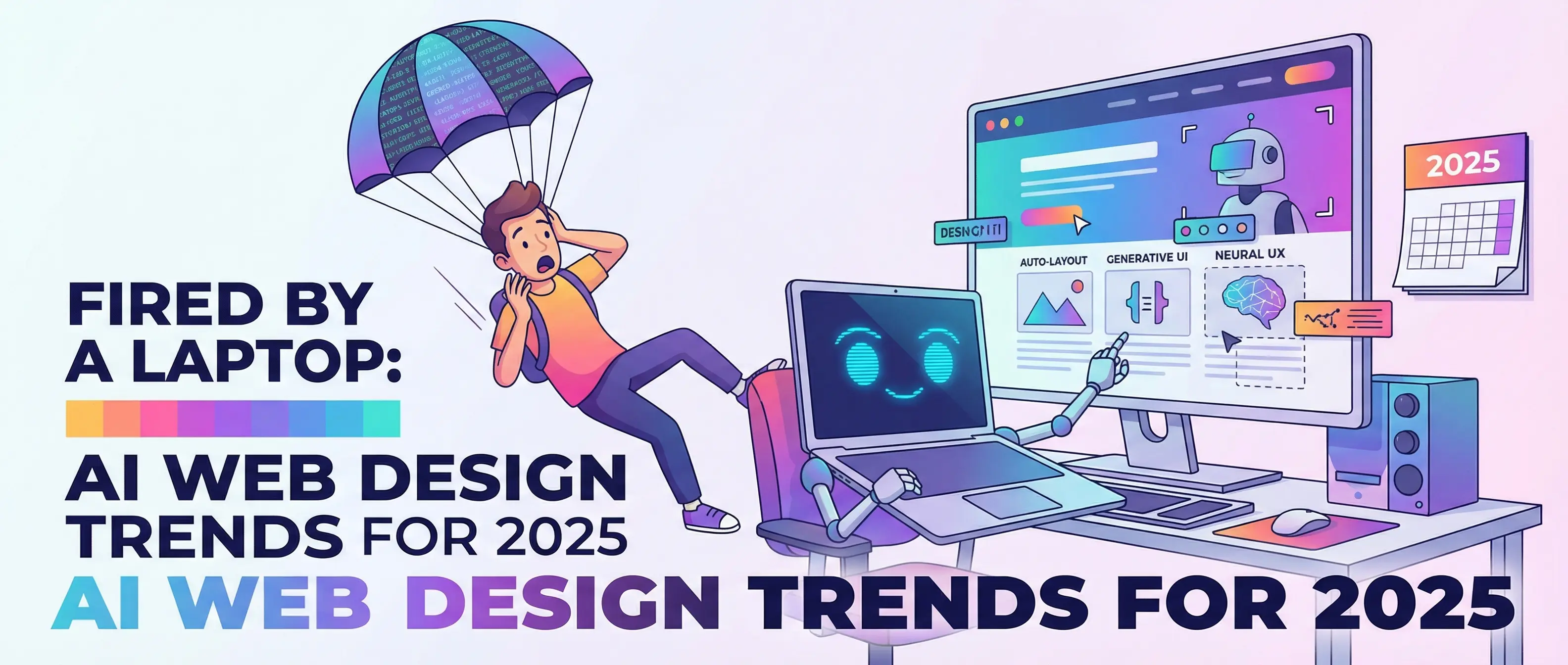 Cartoon: A human web designer is kicked from their chair by an AI laptop. A monitor shows AI web design tools for 2025.