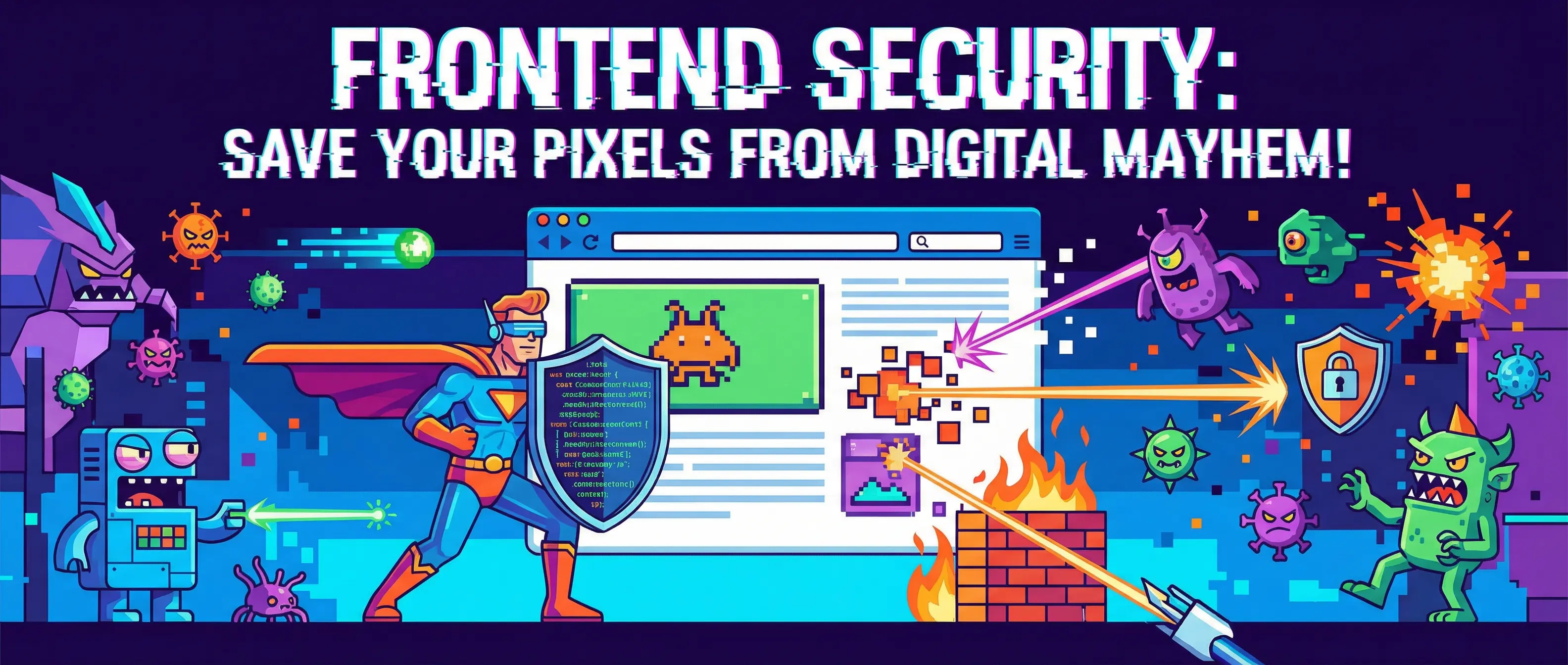 Retro-style superhero protects browser from pixel monsters. Text: "Frontend Security: Save Your Pixels From Digital Mayhem!".