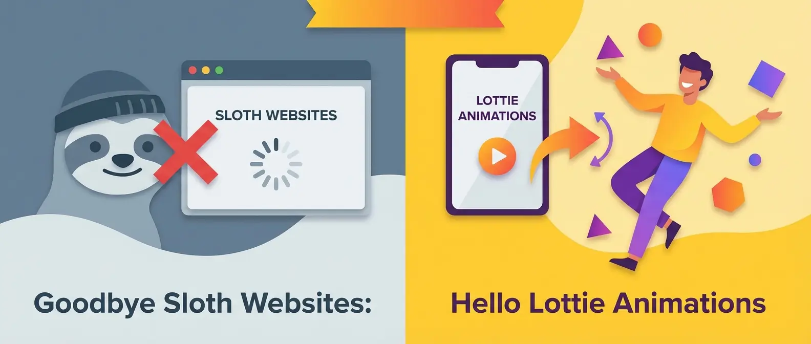 Goodbye slow websites (sloth, loading screen crossed out); Hello Lottie animations (happy person, phone displaying Lottie).