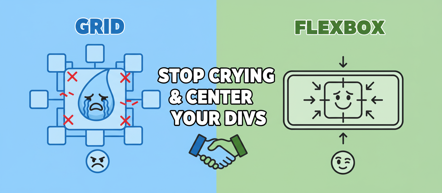CSS meme: Grid shows a crying element in a messy layout; Flexbox shows a happy, centered element. "STOP CRYING & CENTER YOUR DIVS".