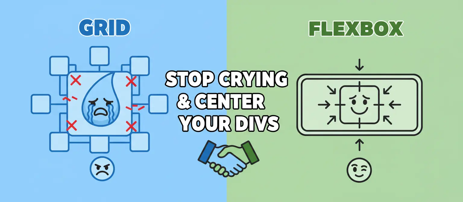 CSS meme: Grid shows a crying element in a messy layout; Flexbox shows a happy, centered element. "STOP CRYING & CENTER YOUR DIVS".
