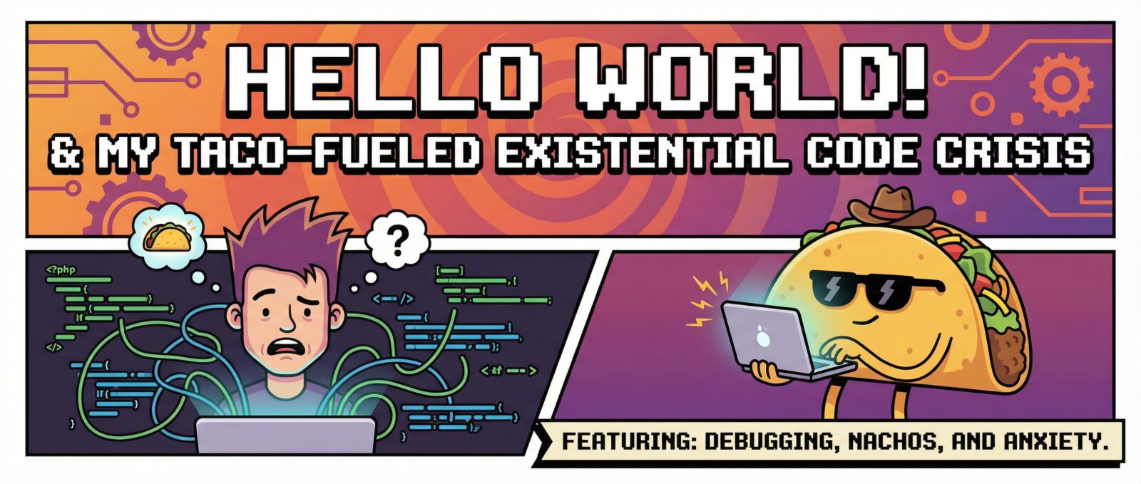 Coding comic: "HELLO WORLD! & MY TACO-FUELED EXISTENTIAL CODE CRISIS." Stressed coder & cool taco. Debugging, anxiety.