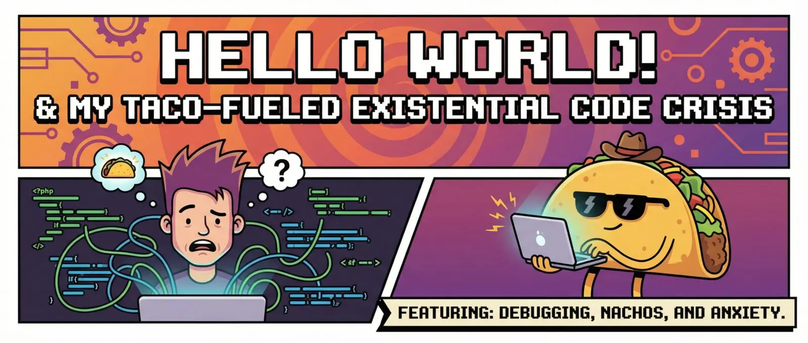 Coding comic: "HELLO WORLD! & MY TACO-FUELED EXISTENTIAL CODE CRISIS." Stressed coder & cool taco. Debugging, anxiety.