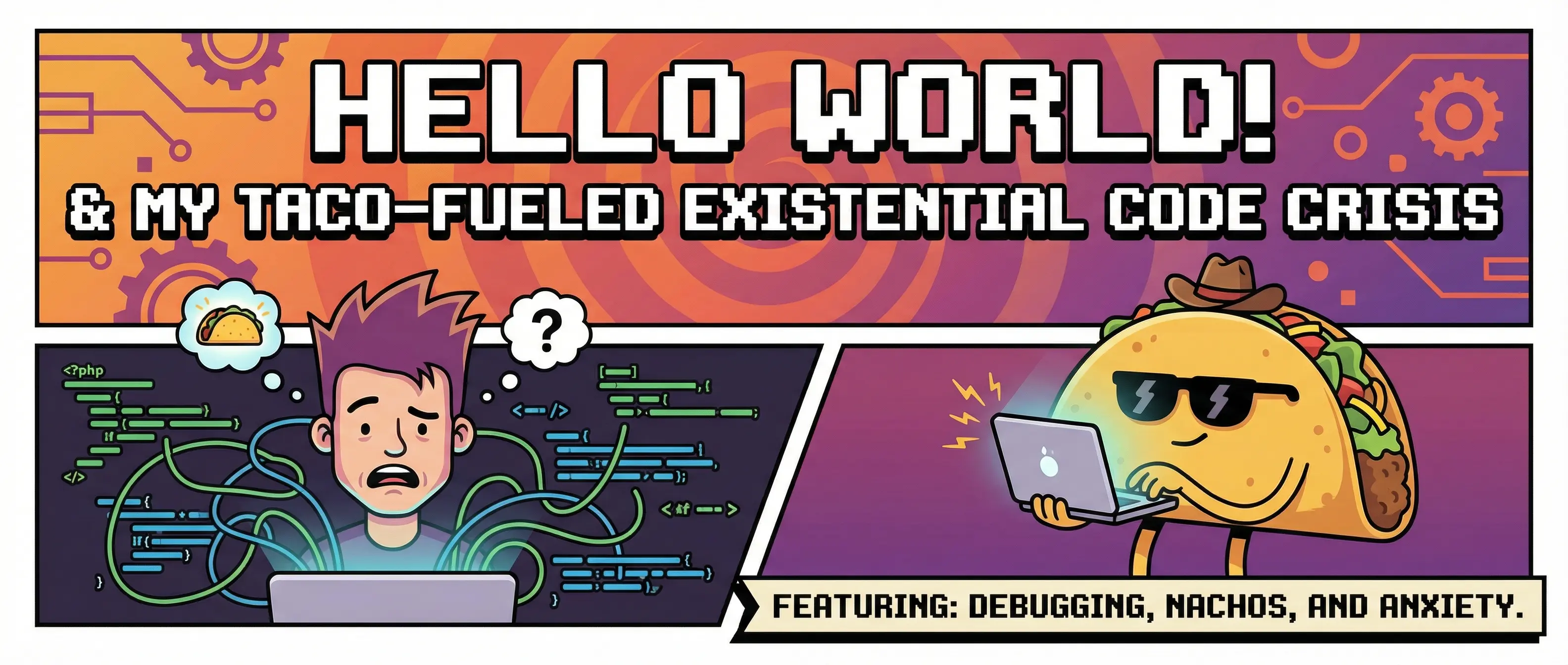 Coding comic: "HELLO WORLD! & MY TACO-FUELED EXISTENTIAL CODE CRISIS." Stressed coder & cool taco. Debugging, anxiety.