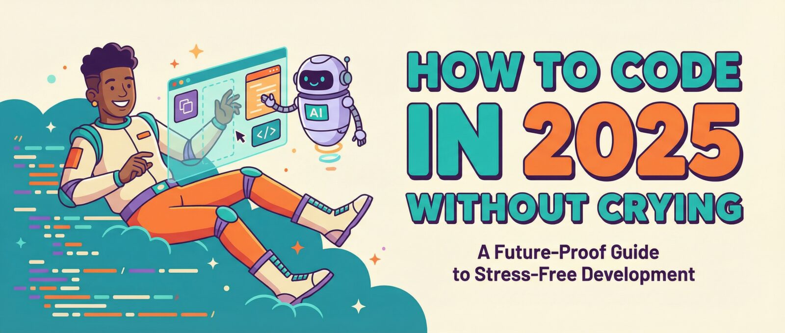 Cartoon person codes on a holographic screen with an AI robot. Text: 'How to Code in 2025 Without Crying.'