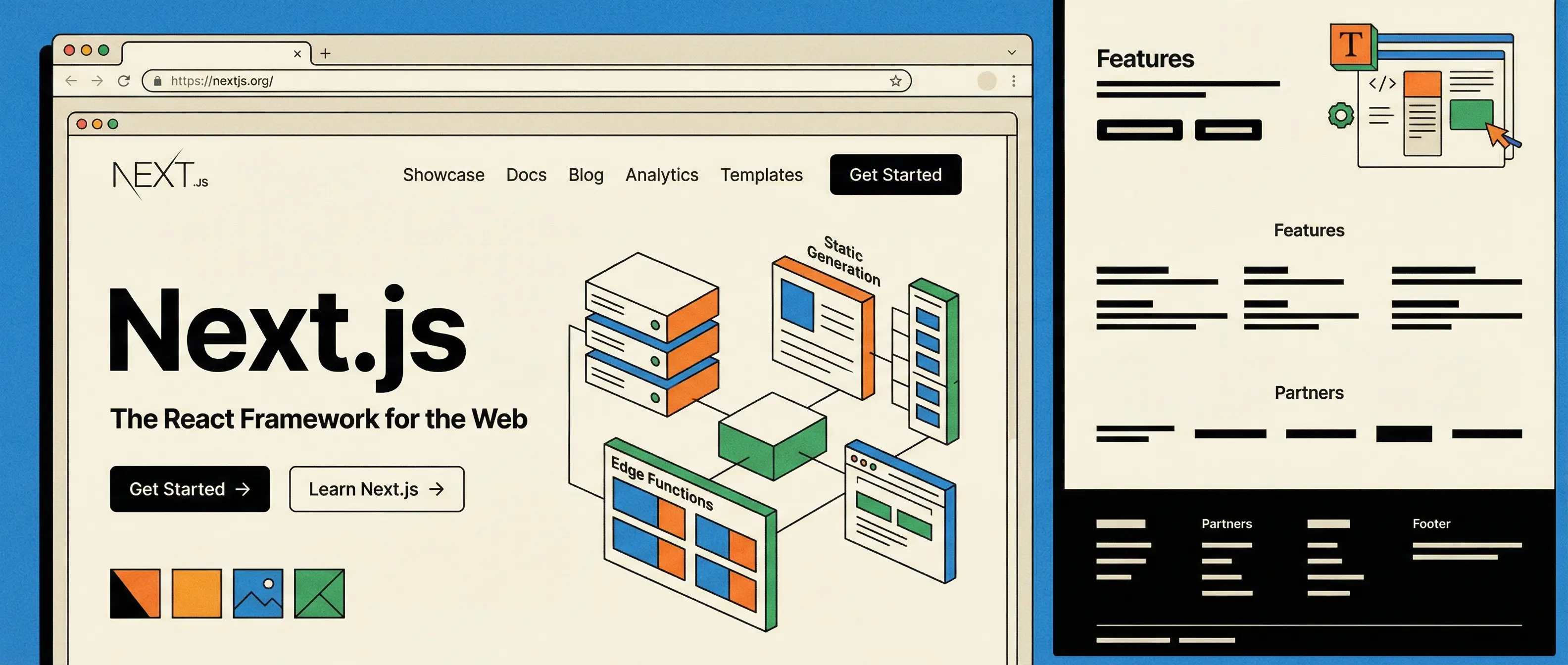 Next.js website in browser, with isometric web architecture diagram (servers, static sites, edge functions) and webpage wireframe.