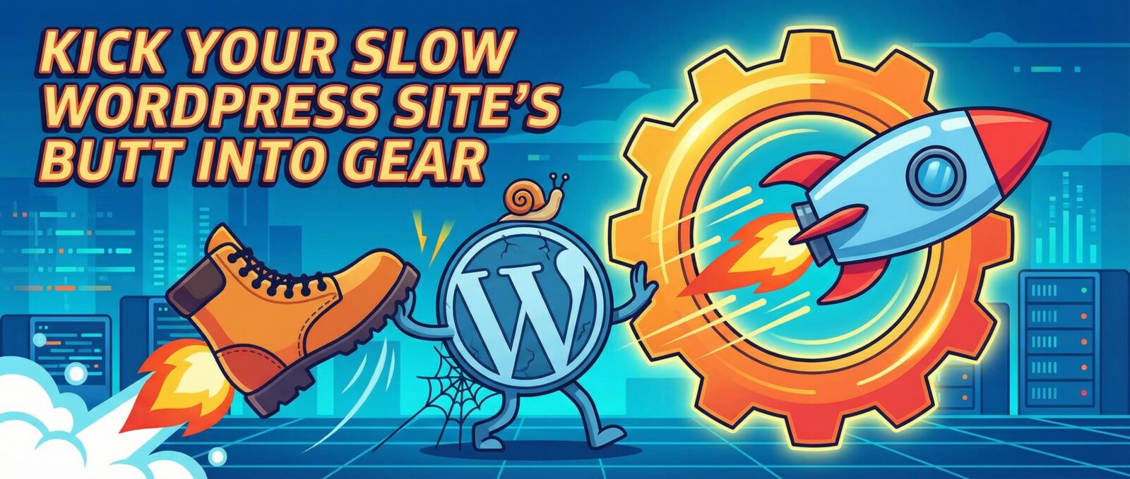 KICK YOUR SLOW WORDPRESS SITE'S BUTT INTO GEAR": Boot with rocket exhaust kicks snail-ridden WordPress logo into a gear, launching a rocket.