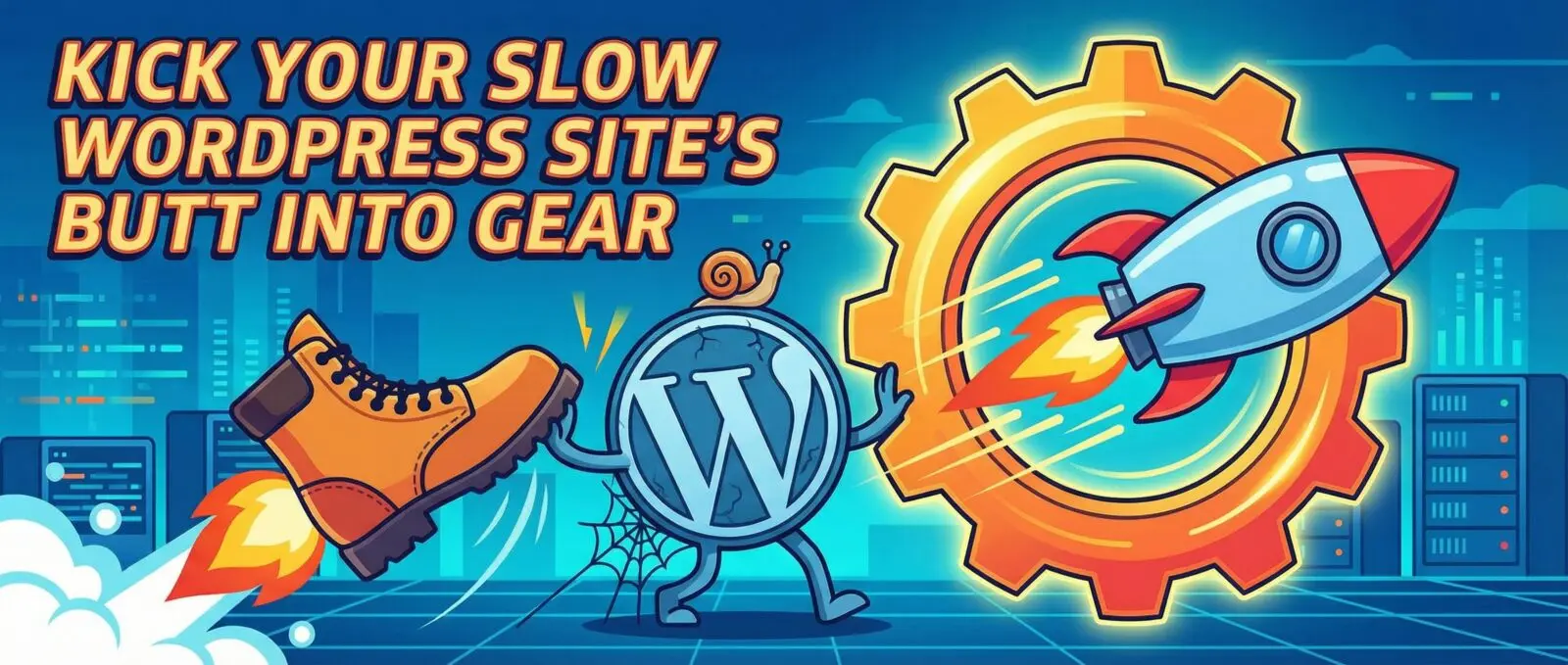 KICK YOUR SLOW WORDPRESS SITE'S BUTT INTO GEAR": Boot with rocket exhaust kicks snail-ridden WordPress logo into a gear, launching a rocket.