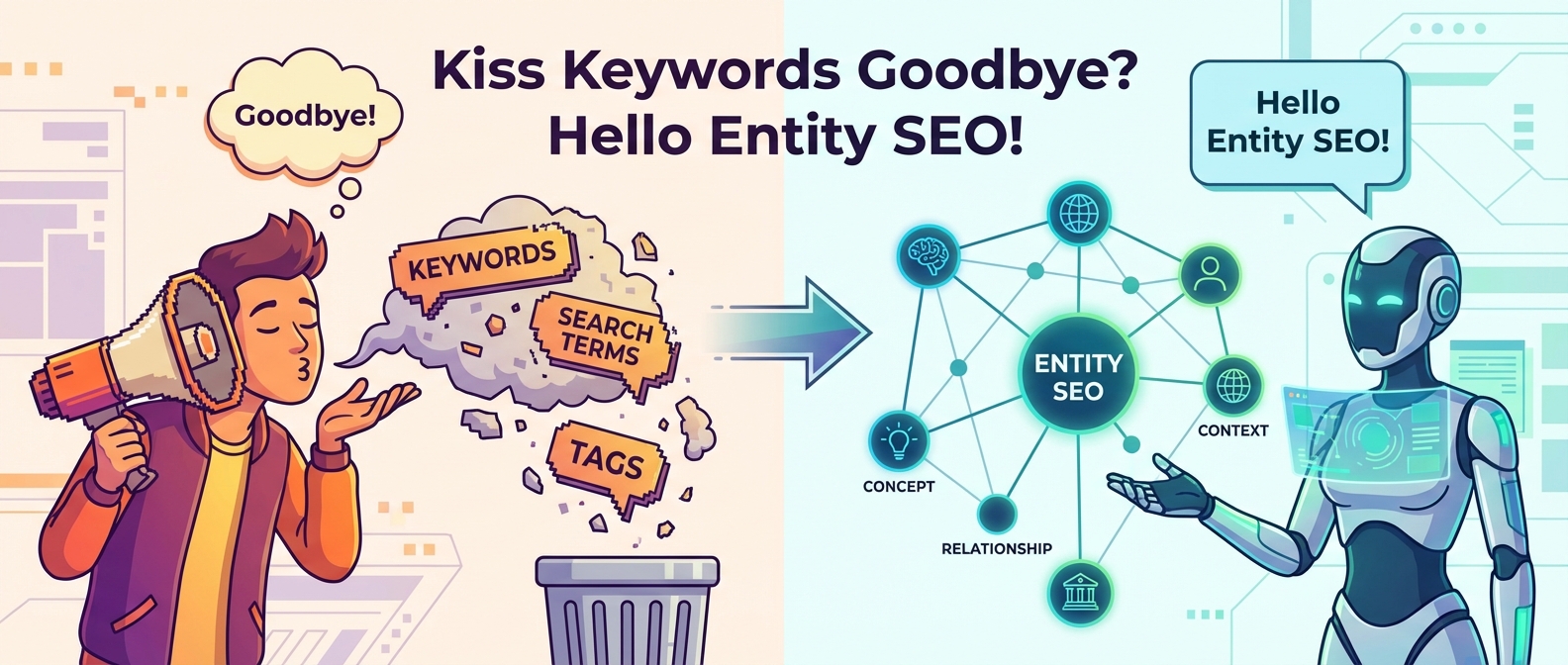 An infographic showing a person throwing away keywords and a robot introducing a network diagram for Entity SEO.