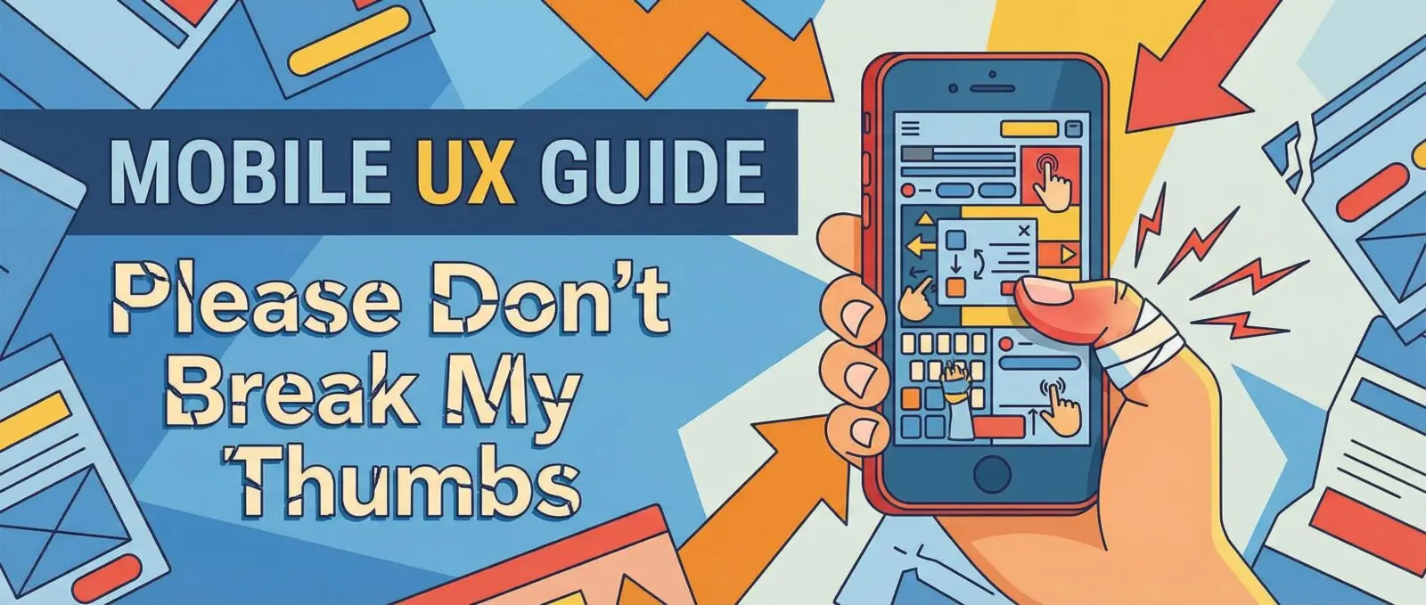 Illustration: 'MOBILE UX GUIDE Please Don't Break My Thumbs'. A bandaged hand painfully uses a phone with complex UI.