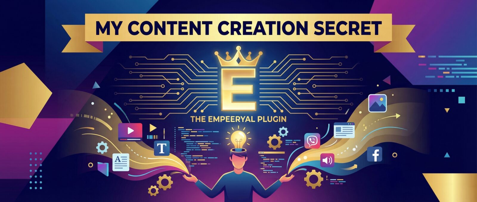 MY CONTENT CREATION SECRET." Person with a lightbulb idea creates varied content for "THE EMPEERYAL PLUGIN" (crowned E).