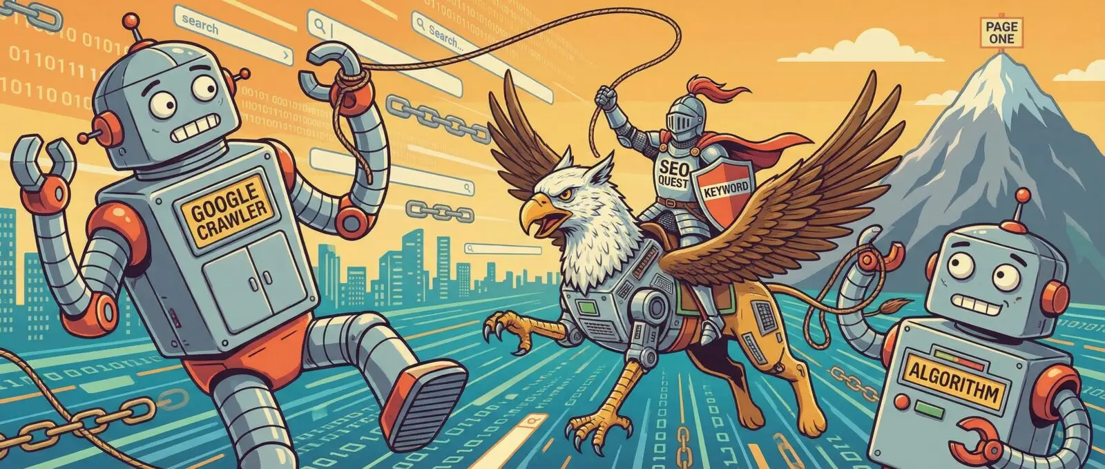 SEO Quest: Google Crawler, Algorithm bot & knight on a mechanical gryphon race on a digital highway to "Page One" mountain.