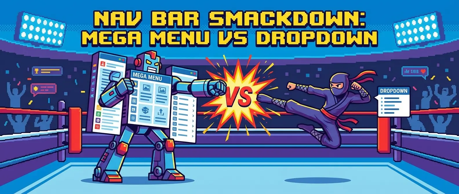Retro pixel art wrestling match: "Mega Menu" robot vs. "Dropdown" ninja with a "VS" explosion. "NAV BAR SMACKDOWN".