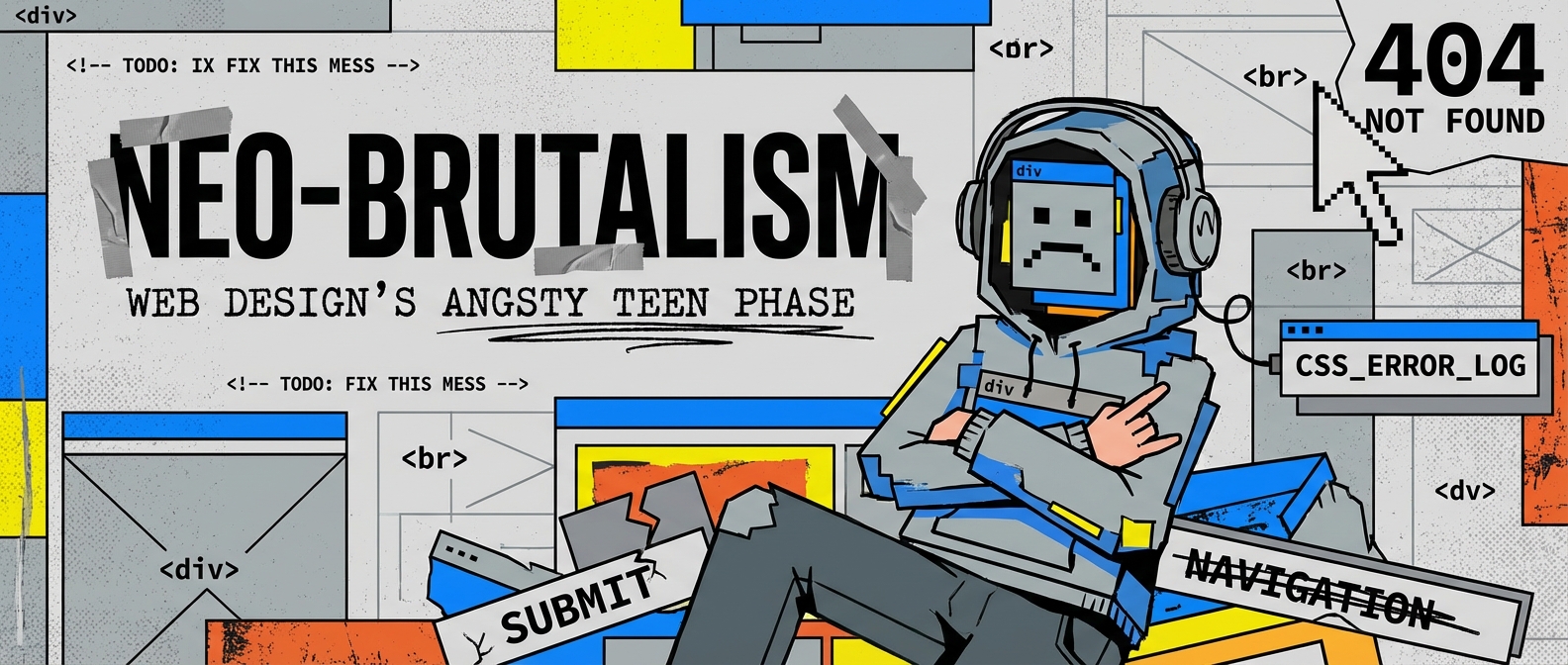 Neo-Brutalism: Web Design's Angsty Teen Phase" title with a sad pixel-face character, broken UI elements & code tags.