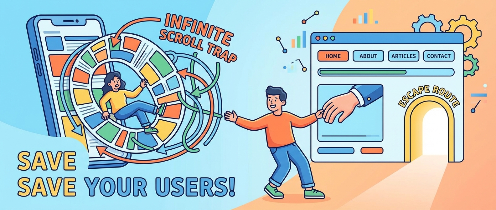 SAVE YOUR USERS! User caught in infinite scroll phone trap; another finds escape route from a desktop browser.