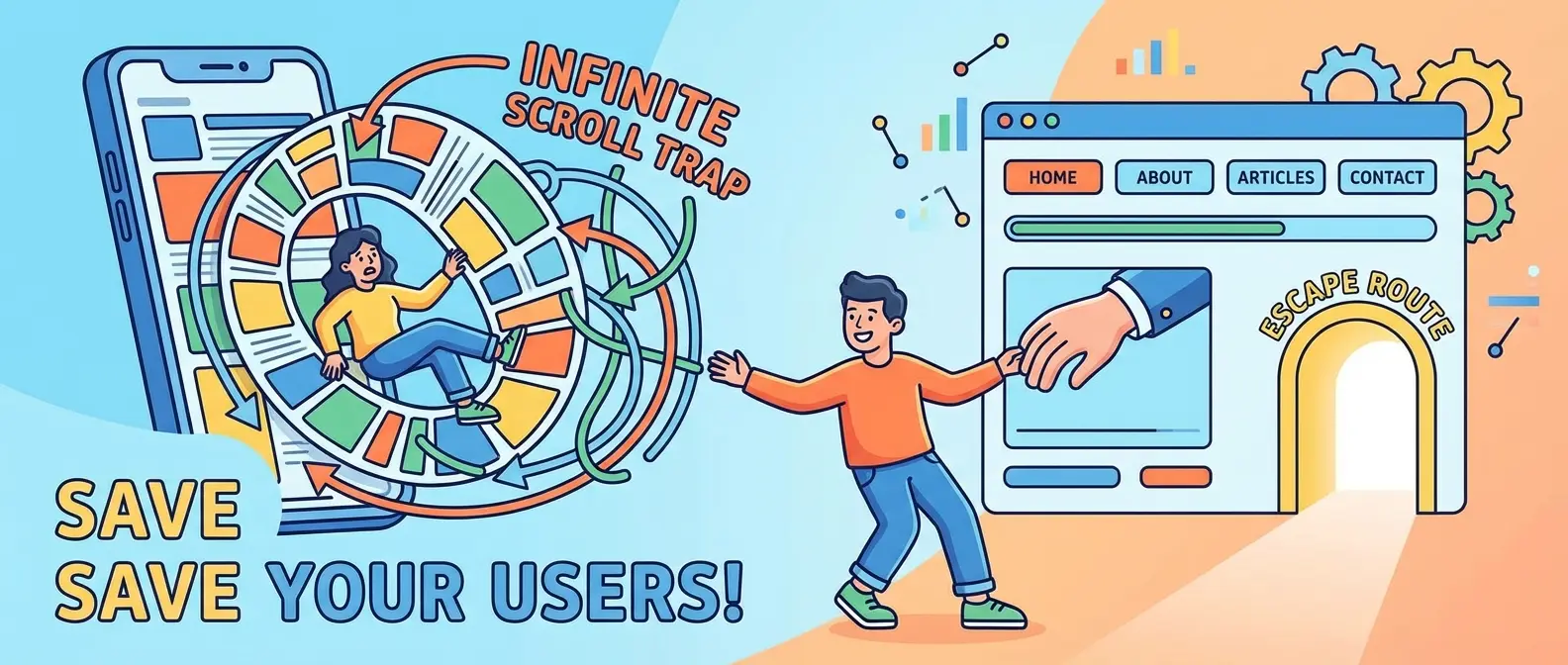 SAVE YOUR USERS! User caught in infinite scroll phone trap; another finds escape route from a desktop browser.