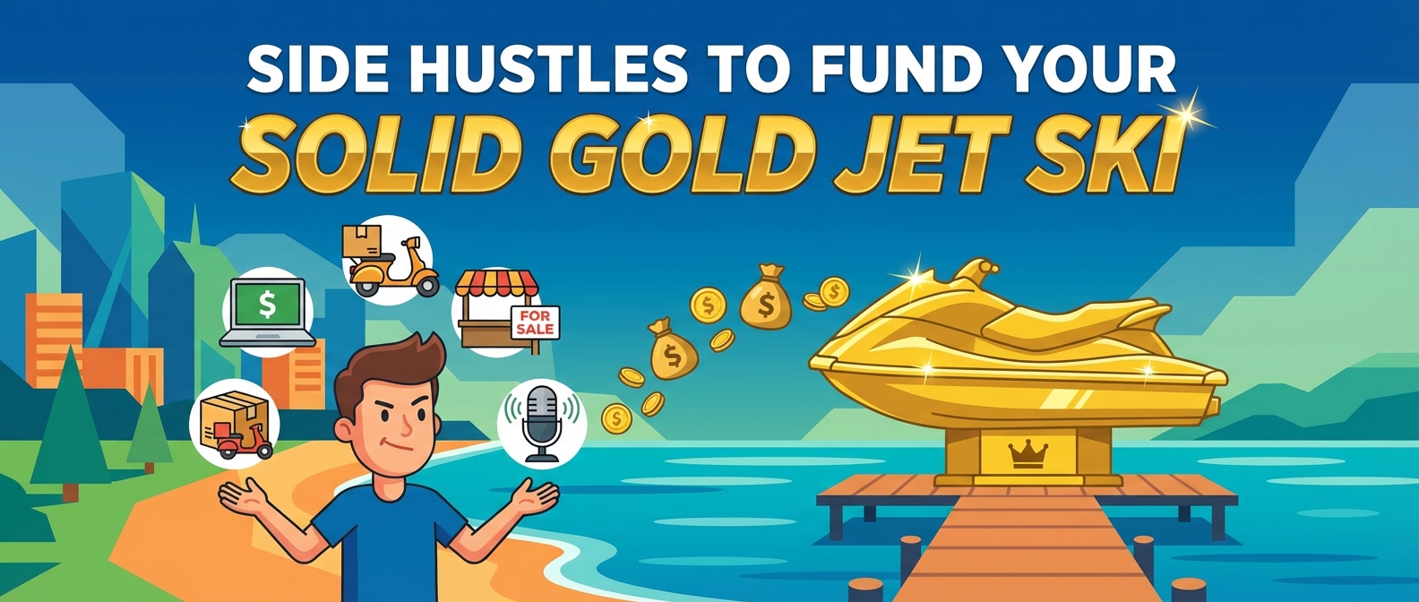 Text: SIDE HUSTLES TO FUND YOUR SOLID GOLD JET SKI. Cartoon man with side hustle icons, money, & a gold jet ski.