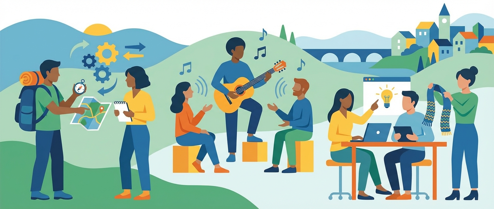 Diverse people collaborating on planning, music, ideas, and crafts in a scenic community landscape.