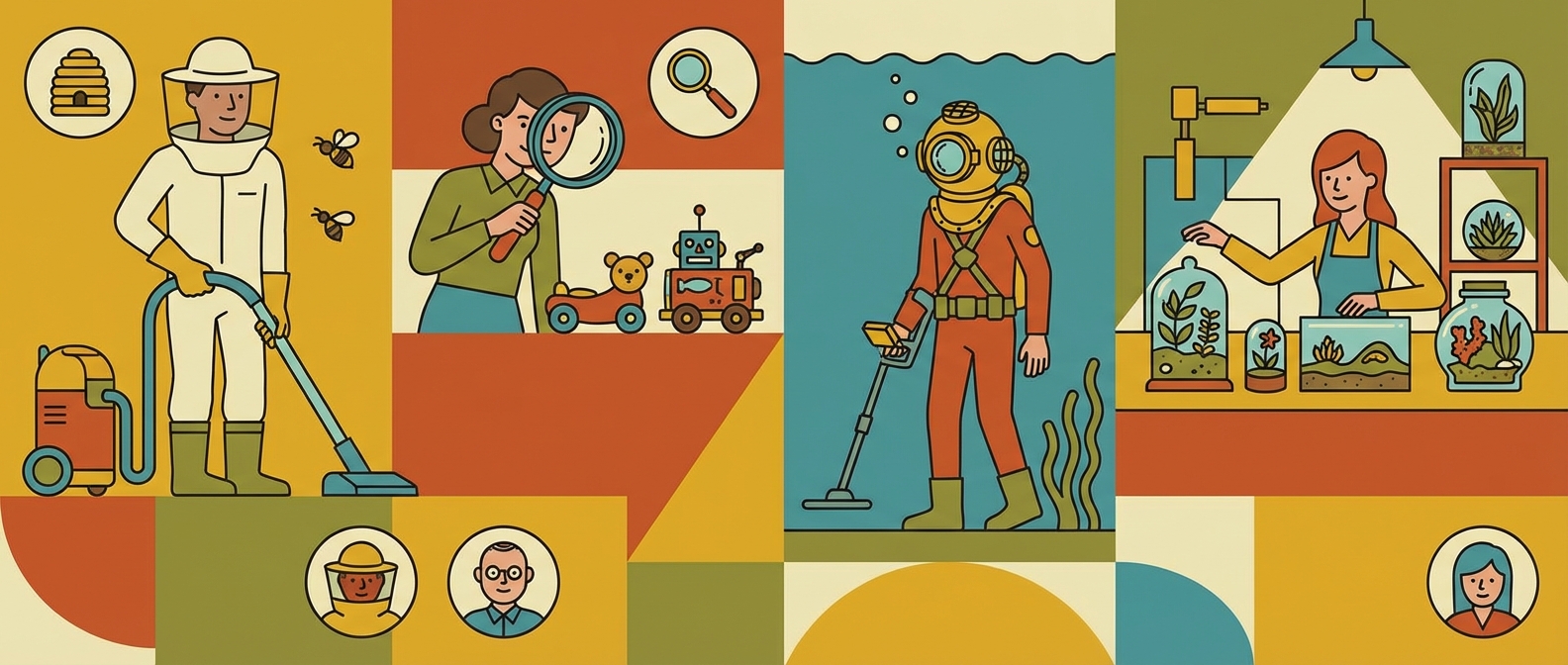 Illustration: Beekeeper vacuuming bees, woman inspecting toys, diver metal detecting underwater, woman making terrariums.