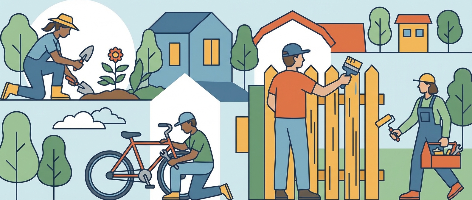 Flat illustration showing people gardening, repairing a bike, and painting a fence in a community with houses & trees.