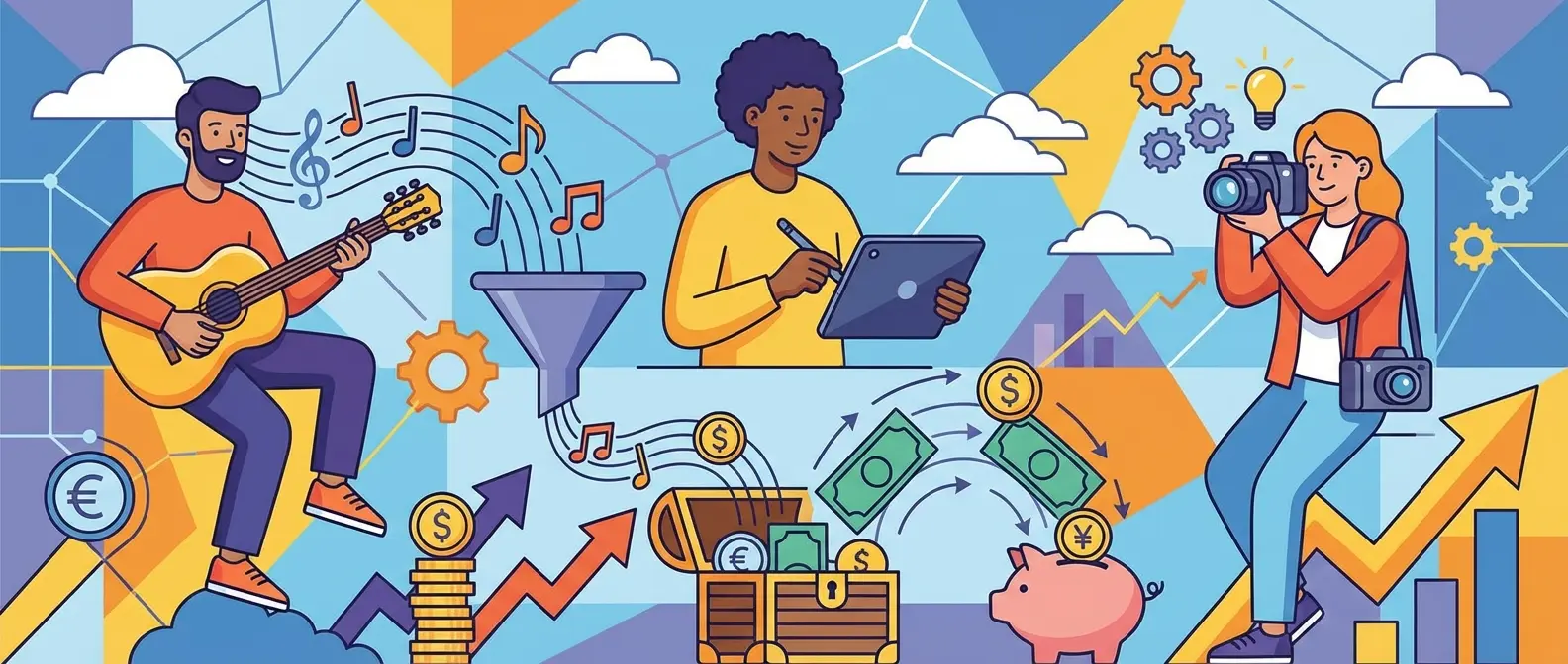 Cartoon: Musician, digital artist, and photographer turn their creative work into money and financial growth, symbolizing monetization.