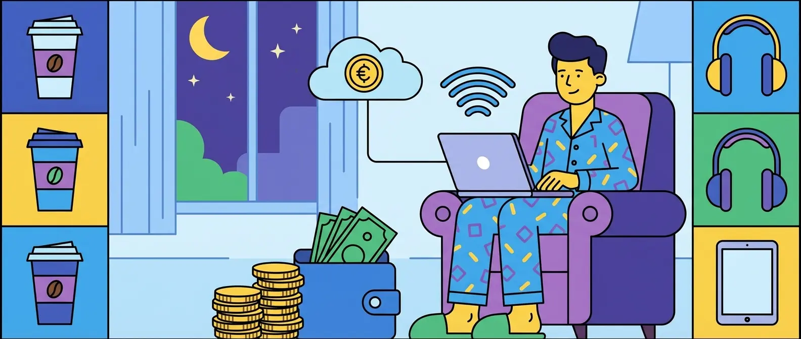 A person in pajamas works on a laptop at night, surrounded by money, coffee, headphones, and a cloud of financial data.