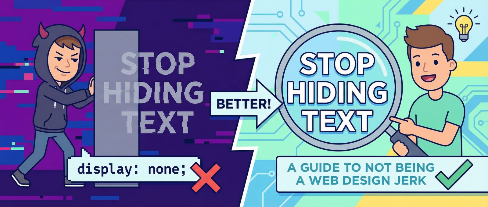 Left: A devil-hooded figure hides "STOP HIDING TEXT" with "display: none;" (X). Right: A person reveals it with a magnifier (BETTER!).