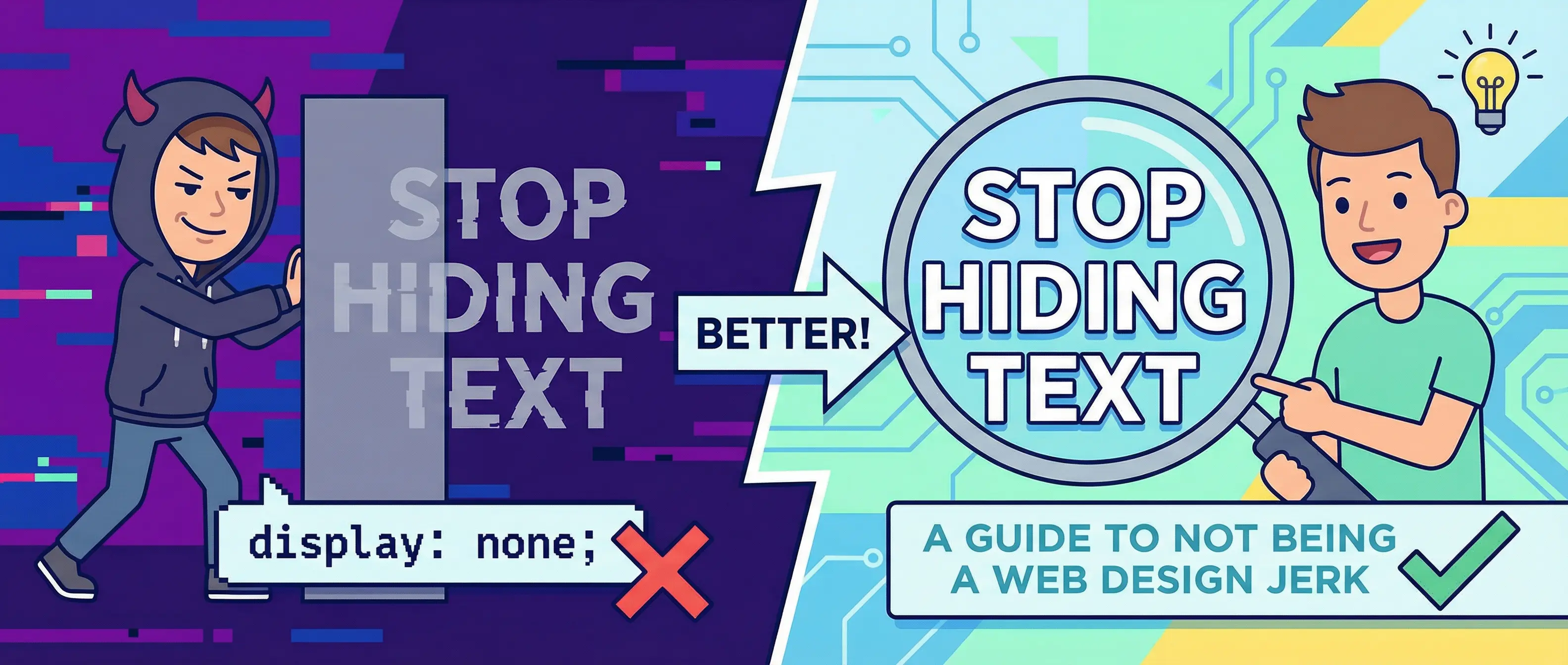 Left: A devil-hooded figure hides "STOP HIDING TEXT" with "display: none;" (X). Right: A person reveals it with a magnifier (BETTER!).