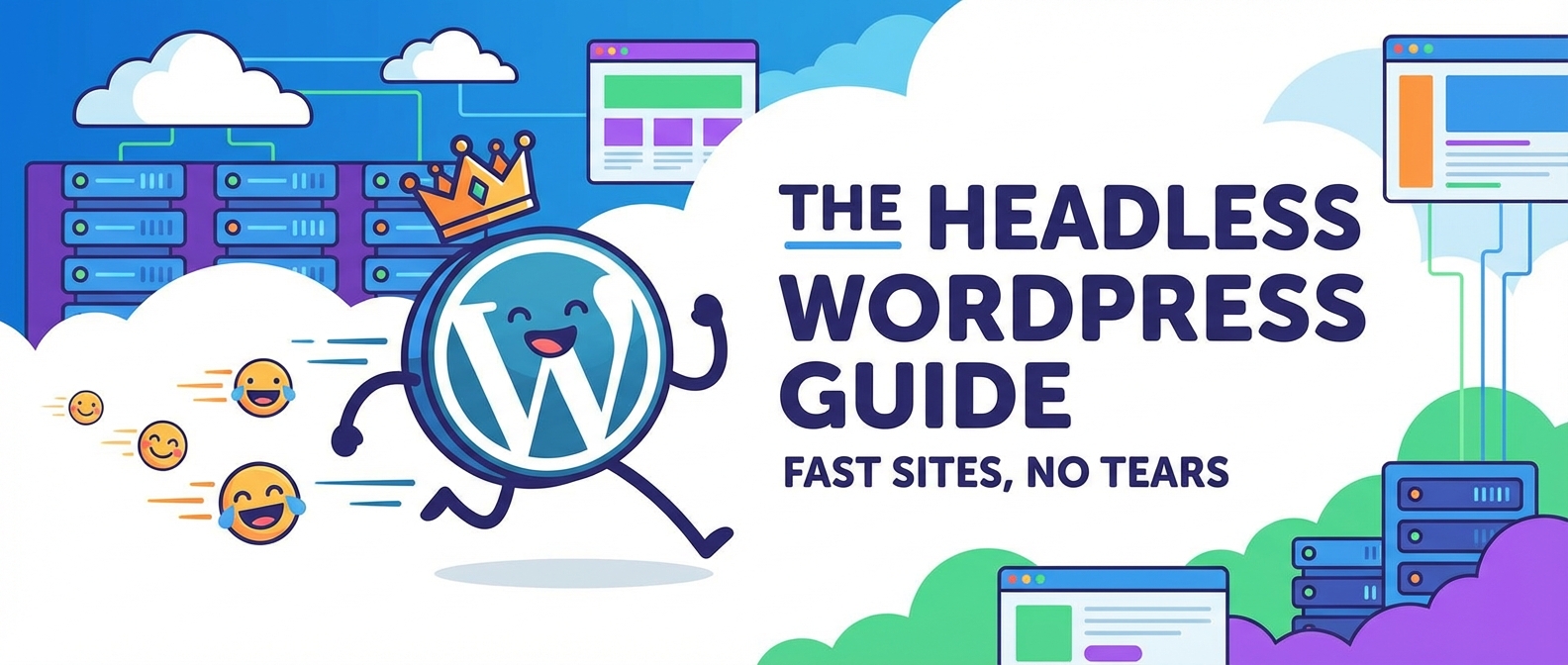 Cartoon WordPress logo with a crown running past servers & clouds. Text: "The Headless WordPress Guide: Fast Sites, No Tears.