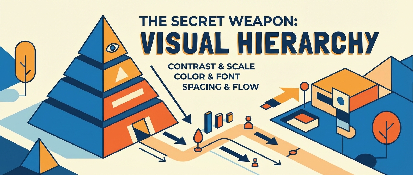 Infographic on Visual Hierarchy with a pyramid icon, showing design elements like contrast, color, font, spacing, and a flow.