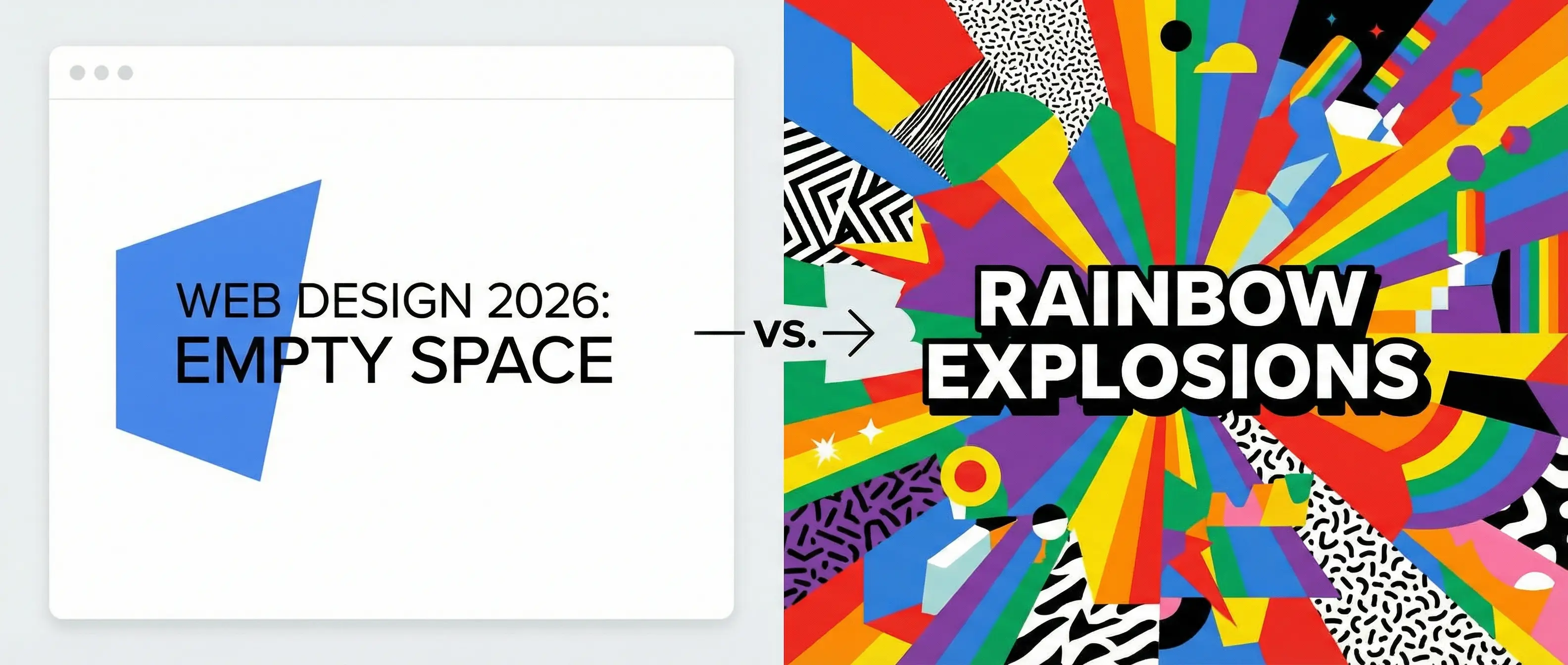 A split image contrasting "Web Design 2026: EMPTY SPACE" (minimalist white) vs. "RAINBOW EXPLOSIONS" (vibrant, chaotic colors).