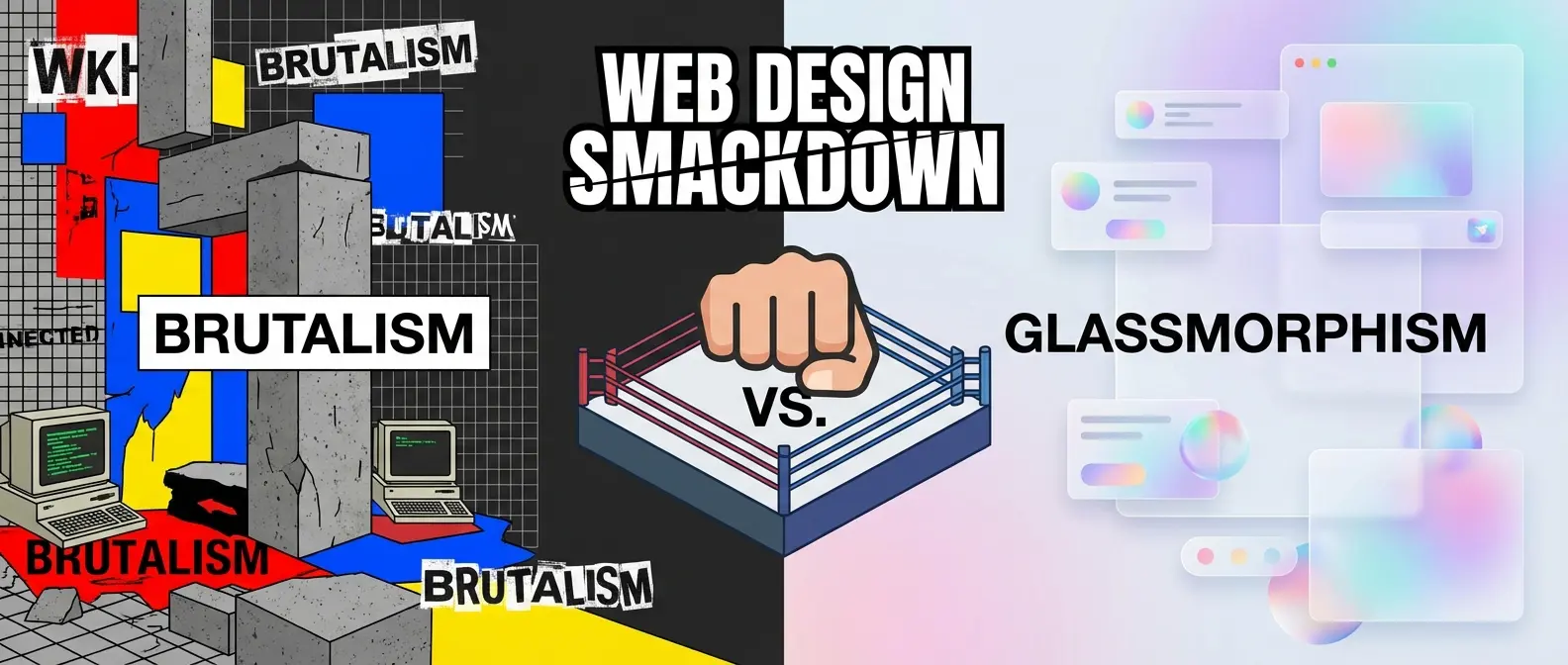 Web Design Smackdown: Brutalism (concrete, old computers) vs. Glassmorphism (transparent UI). A boxing ring separates.