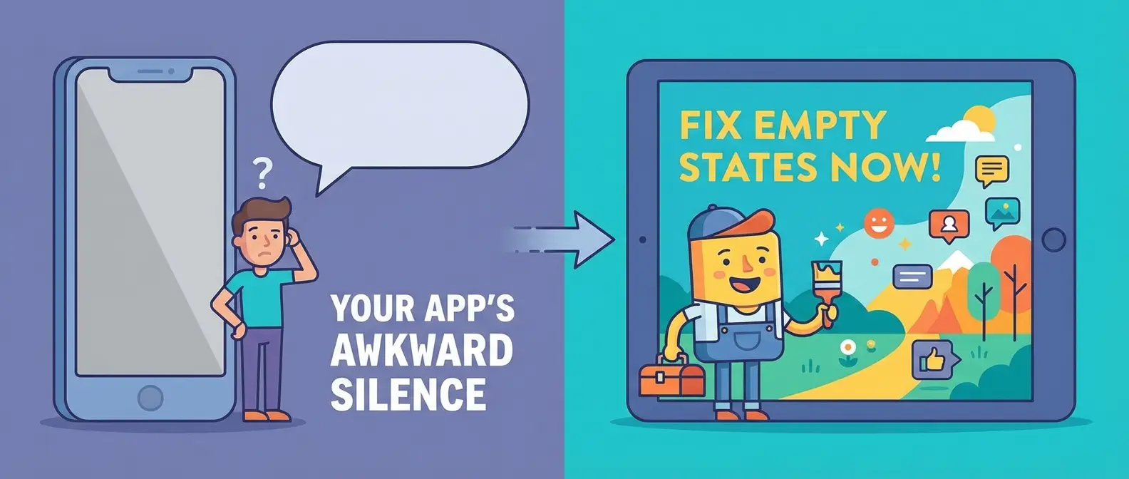 Cartoon: A confused user by an empty phone ("Your App's Awkward Silence") contrasted with a vibrant tablet ("Fix Empty States Now!").