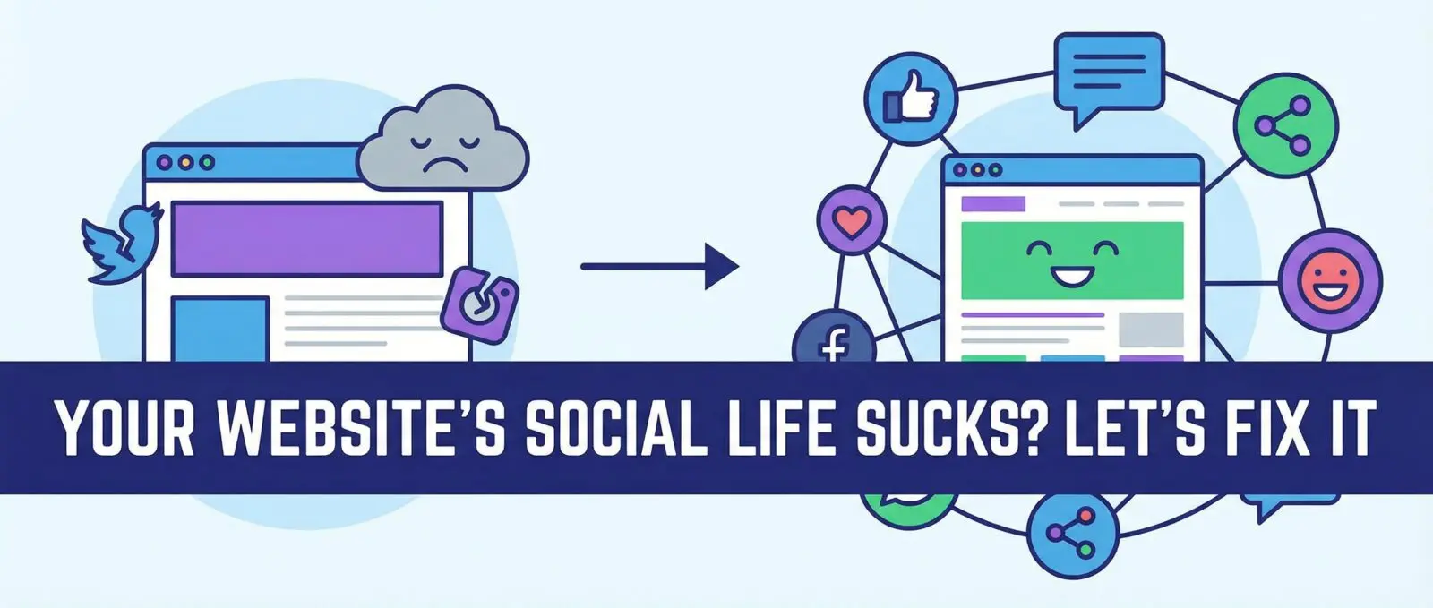 Sad website with broken social icons transforms into a happy website surrounded by thriving social media connections. Let's fix it!
