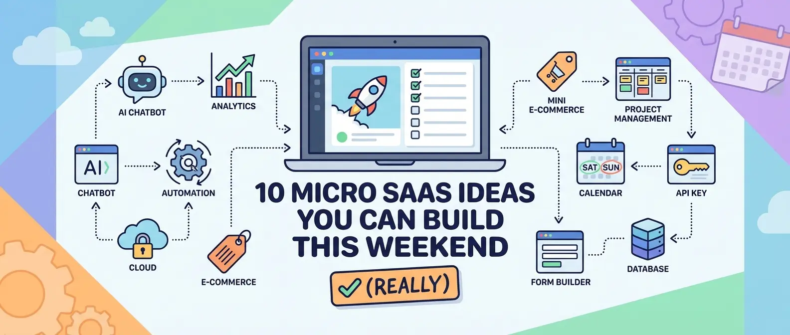 '10 Micro SaaS Ideas You Can Build This Weekend (Really)'. Laptop surrounded by icons showing different app ideas.